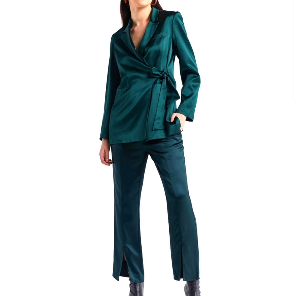 Satin Tie-Waist Blazer & Trouser Suit Set, Co-Ord Set in Dark Green